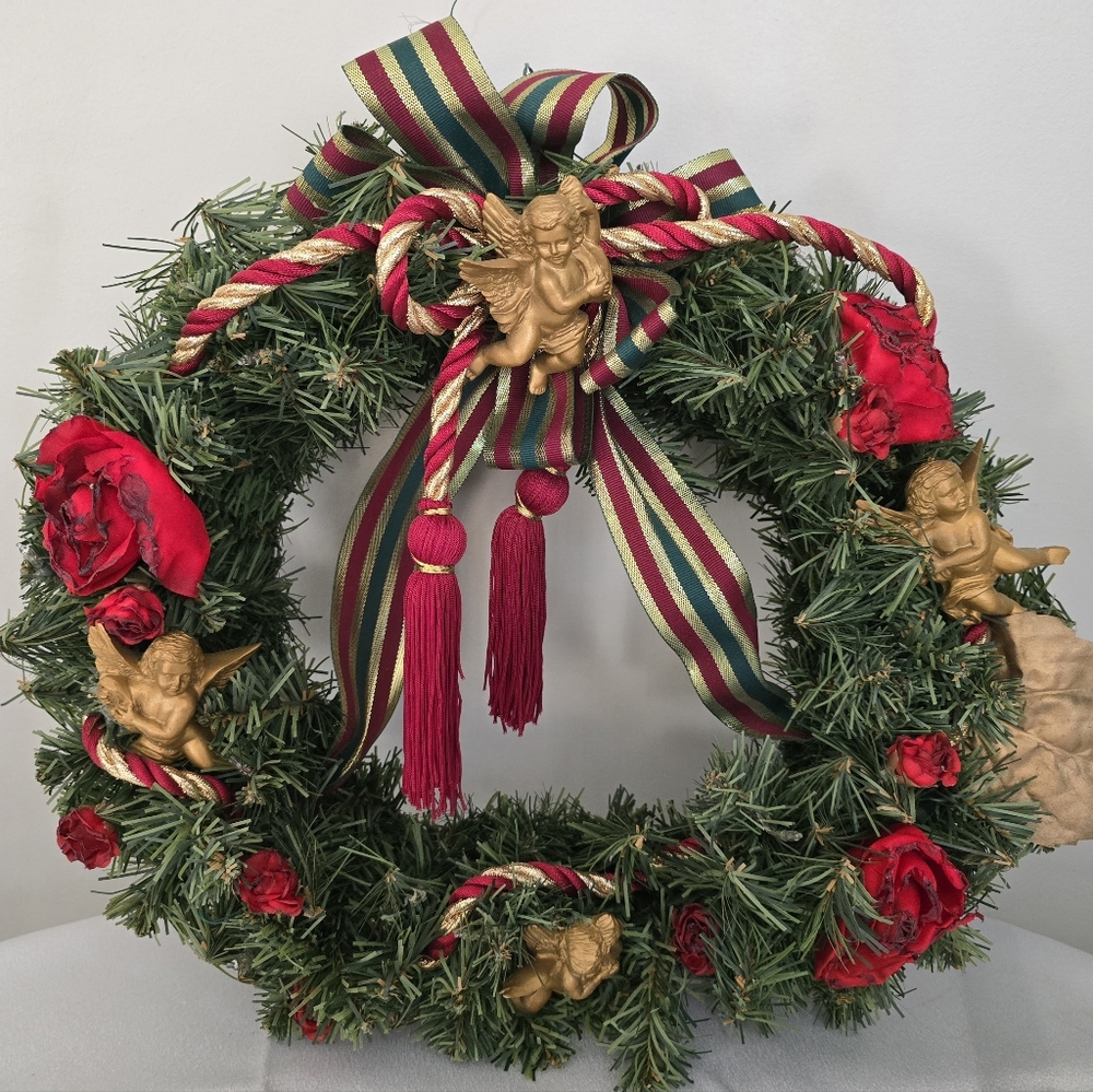 Vintage 15" Christmas Wreath Gold Angels Tieback Ribbon Roses Green Red Decor